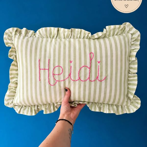Personalized Hand Embroidered Name Cushion: Green Ruffle Stripe Nursery Decor
