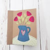 Greetings Card Original Stitched Fabric Jug of  Flowers Design Birthday Blank