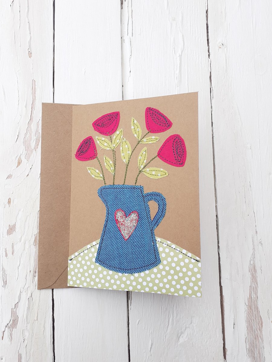 Greetings Card Original Stitched Fabric Jug of  Flowers Design Birthday Blank