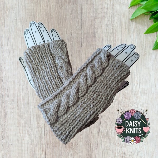 Soft Beige and Cream Hand-Knitted Fingerless Gloves with Cable Pattern