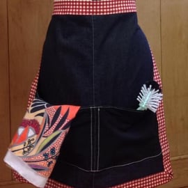 Denim waist apron, Two large pockets red gingham trim and ties. gifts for cooks