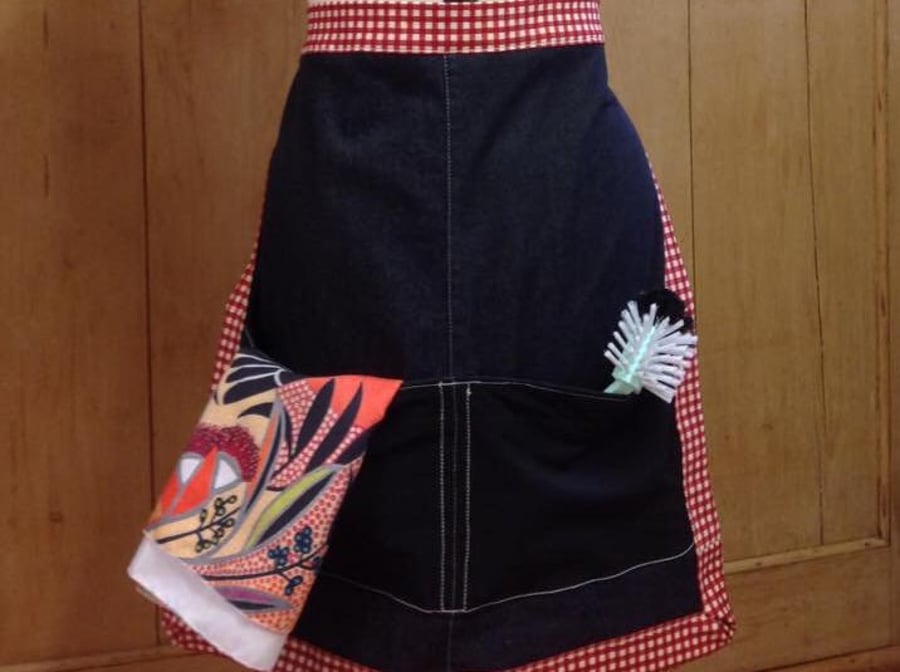 Denim waist apron, Two large pockets red gingham trim and ties. gifts for cooks