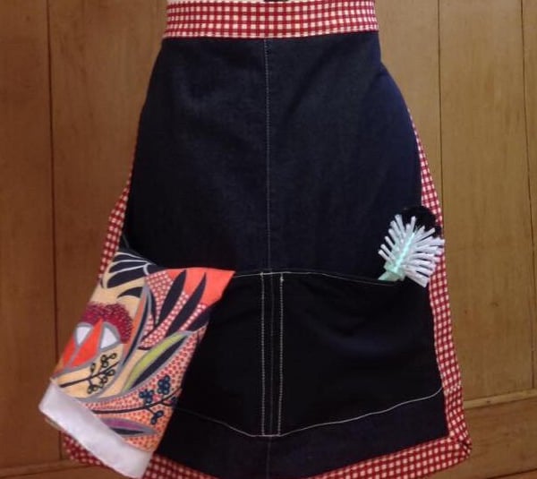 Denim waist apron, Two large pockets red gingham trim and ties. gifts for cooks