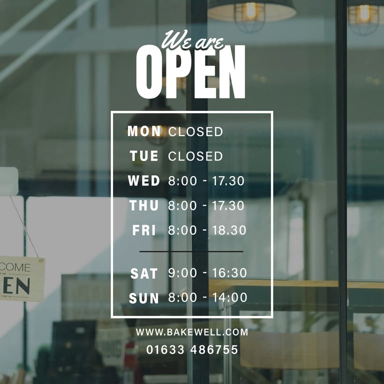 Opening Times - We Are Open Sticker: Custom Business Hours Shop Window Sticker 