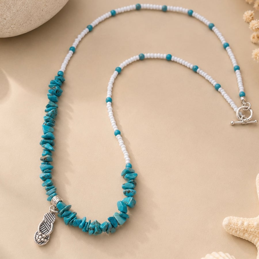 Coastal Turquoise Howlite & White Seed Bead Necklace with Flip Flop Charm