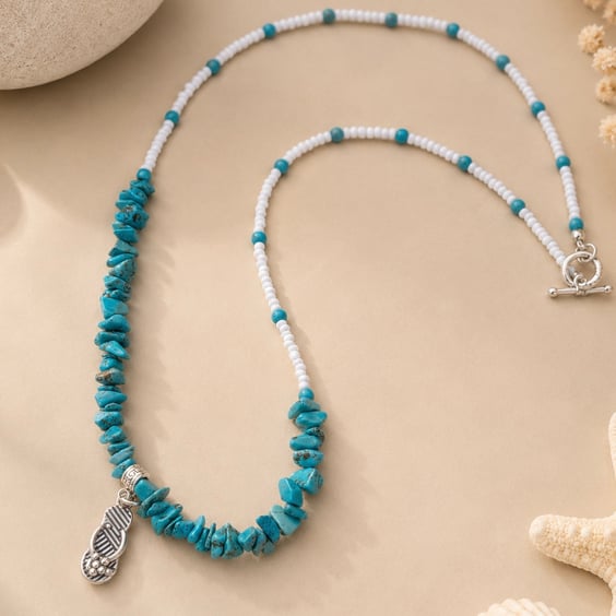 Coastal Turquoise Howlite & White Seed Bead Necklace with Flip Flop Charm