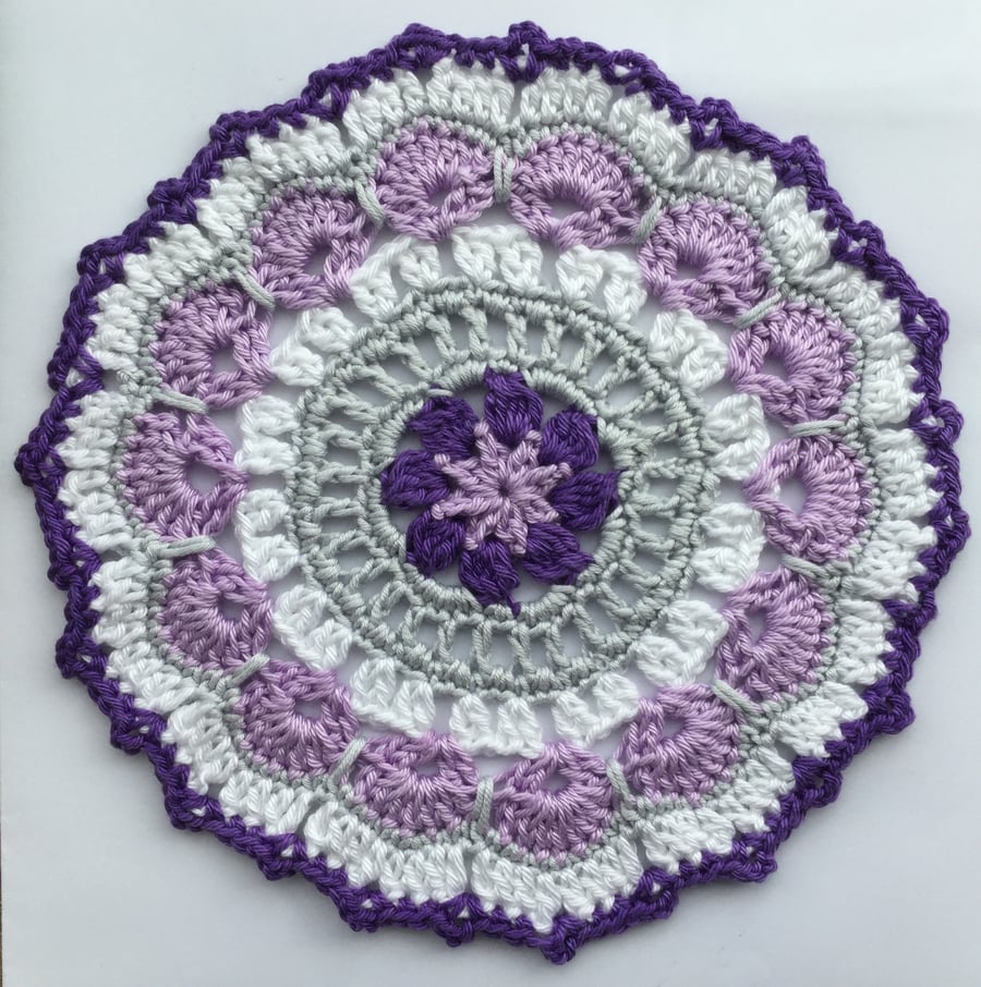 Crochet Mandala Table Mat in Purple, White,  Lilac and Grey