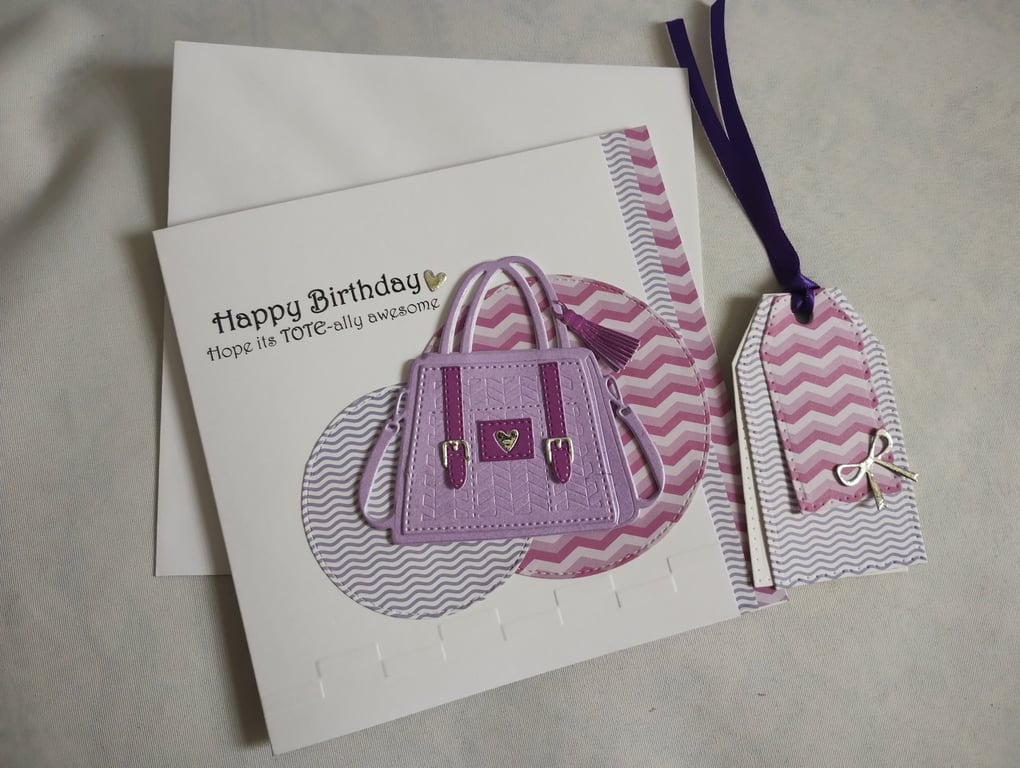 TOTE-Ally Awesome Birthday Card & matching Gift Tag - Lilac and Purple 