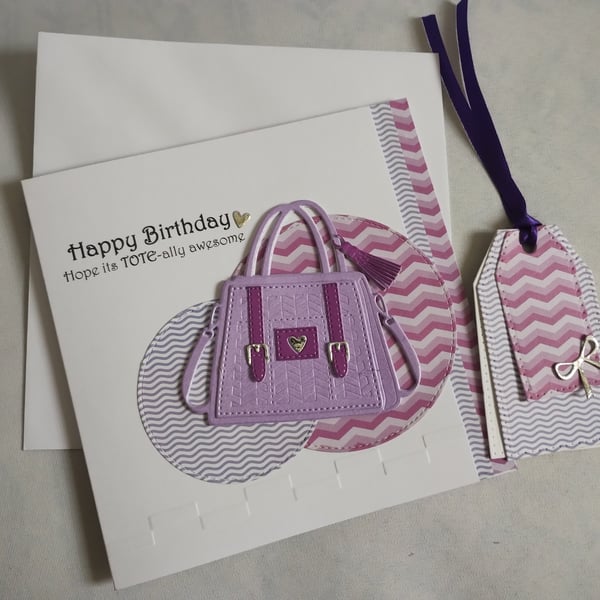 TOTE-Ally Awesome Birthday Card & matching Gift Tag - Lilac and Purple 