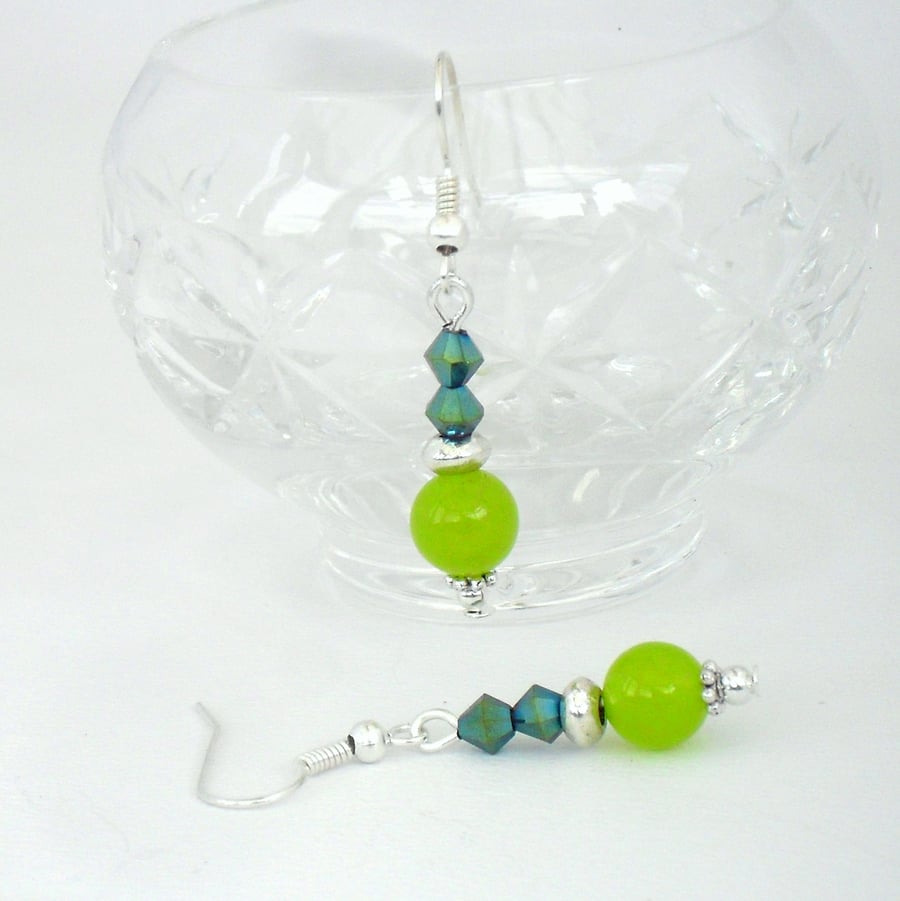 SALE: Handmade neon green peridot and metallic crystal earrings