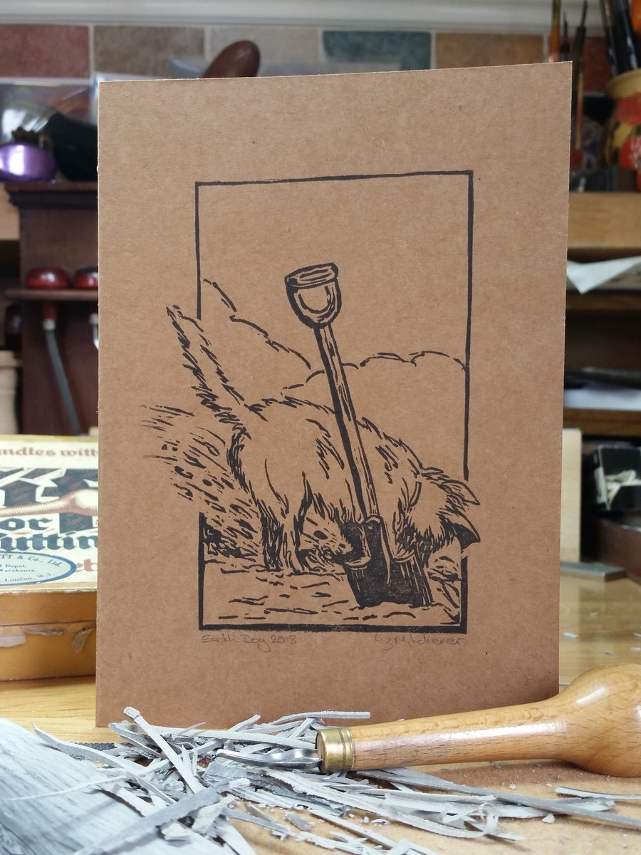 Original design hand printed linocut earth dog card