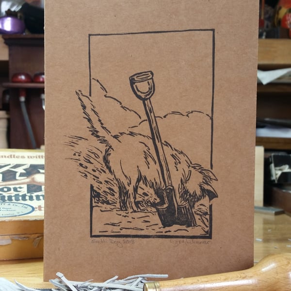 Original design hand printed linocut earth dog card