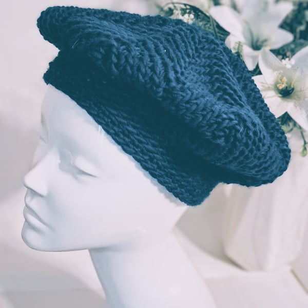 Dark Teal Blue Wool Chunky Slouch Crochet Beret