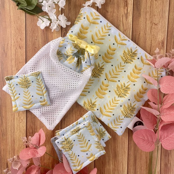 Yellow Foliage Skincare Essentials Giftset Reusable Skincare Pads,Pouch, washbag