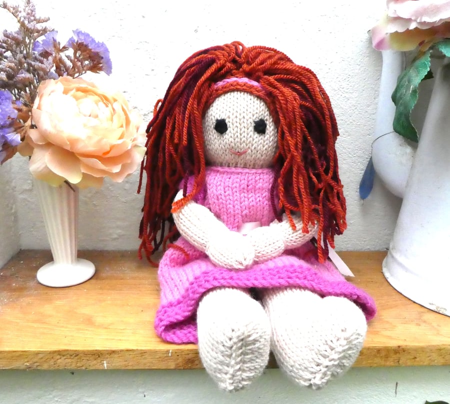Doll. 12" Hand Knitted Doll Red Hair Doll Handmade in Wool With Removable Dress