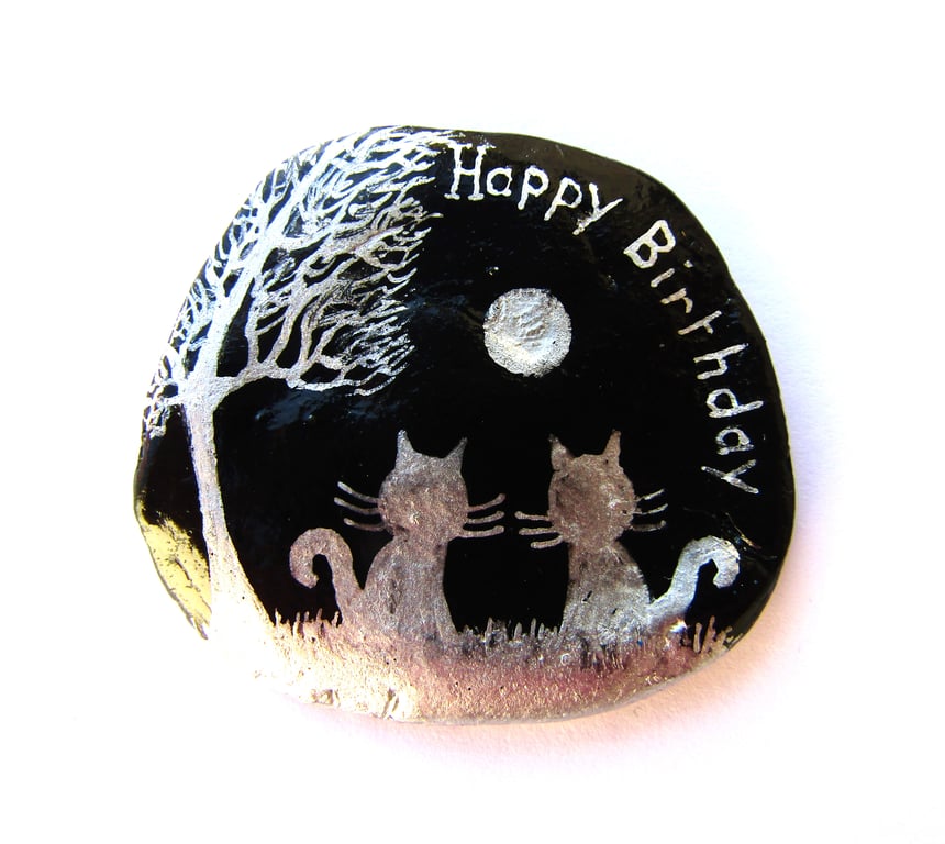 Cat Birthday Card, Hand Painted Shell Art Card, Two Cats Tree Moon, Unique 