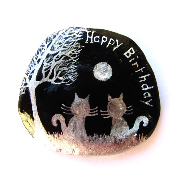 Cat Birthday Card, Hand Painted Shell Art Card, Two Cats Tree Moon, Unique 