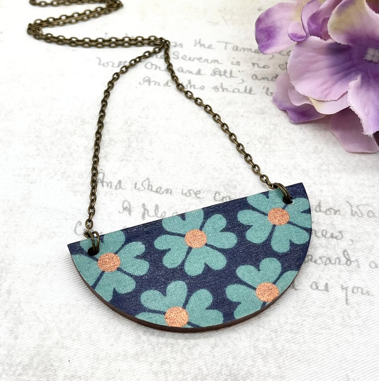 Teal and navy Daisy statement necklace fabric and wood