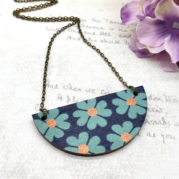 Teal and navy Daisy statement necklace fabric and wood