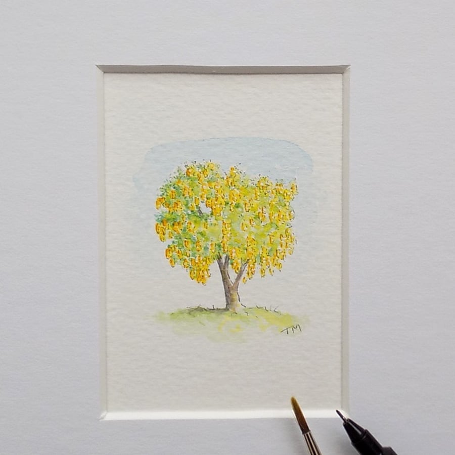 Miniature Watercolour Painting 'Laburnhum Tree'