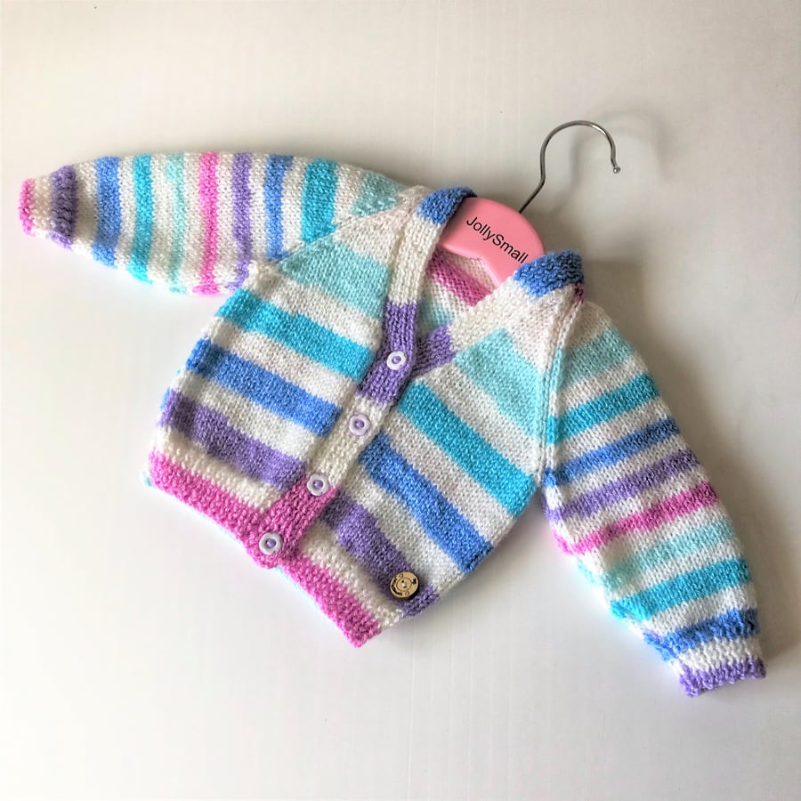 Hand knitted Baby cardigan 0 - 3 months in random stripes