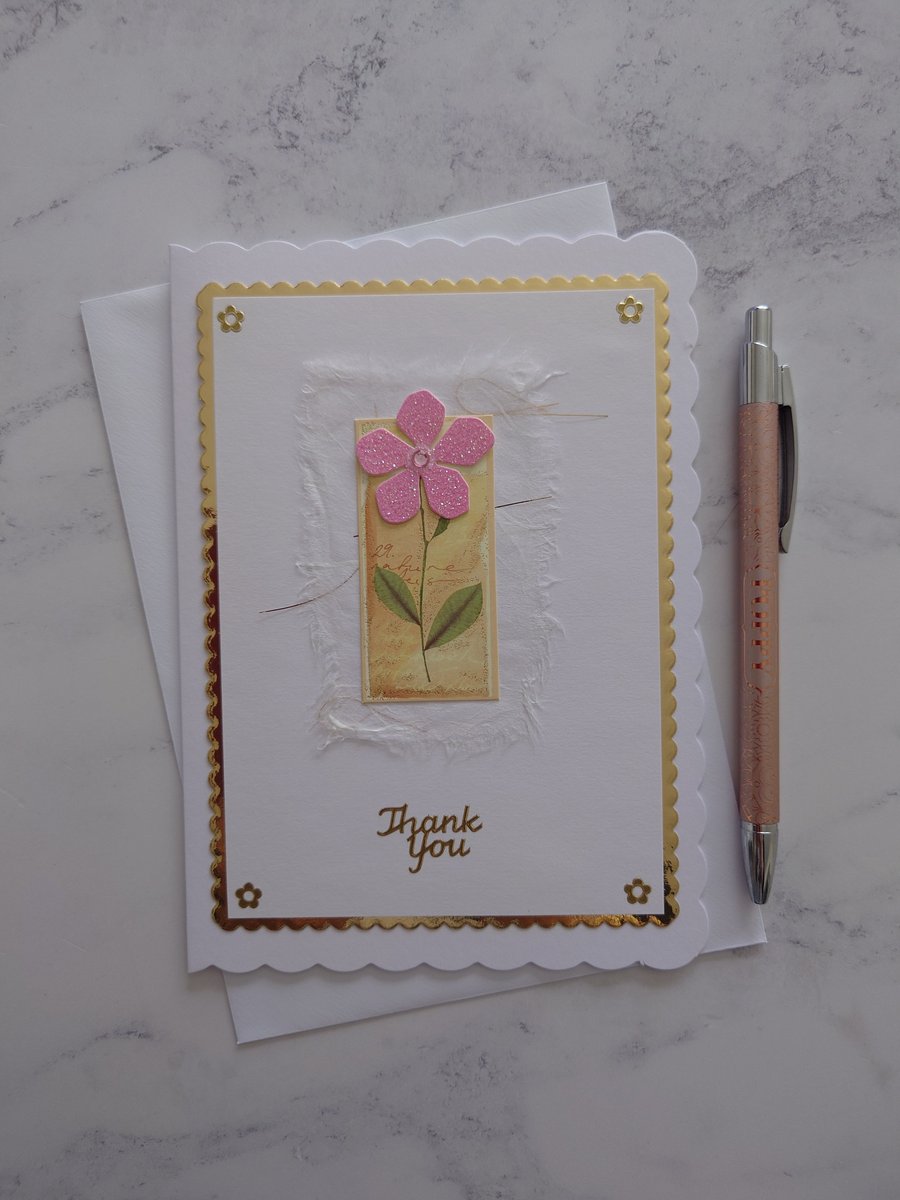 Thank You Pink Glittered Flower Gold Foiled 3D Luxury Handmade Card