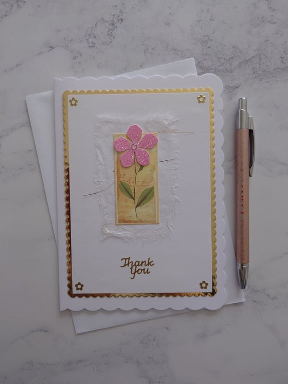 Thank You Pink Glittered Flower Gold Foiled 3D Luxury Handmade Card