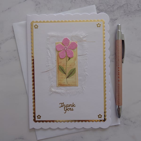 Thank You Pink Glittered Flower Gold Foiled 3D Luxury Handmade Card