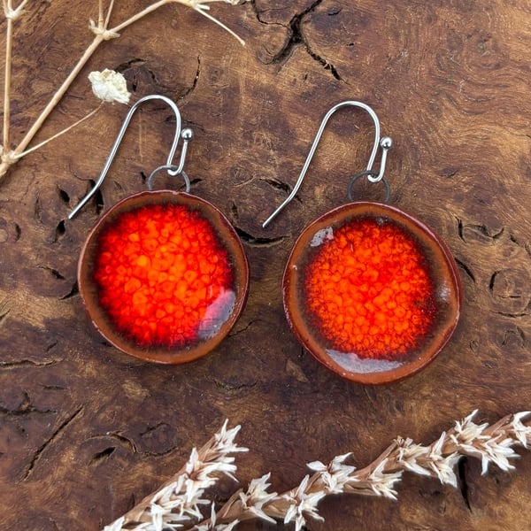 Handmade Ceramic Earrings: Bright Orange Glazed Clay, Hypoallergenic Hooks, Eart