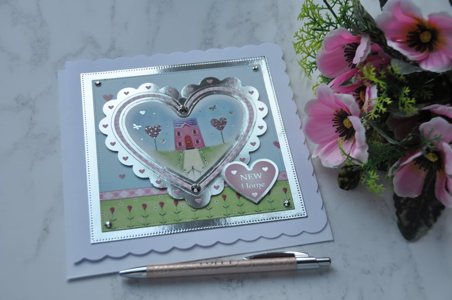 New Home Card Country House Love Hearts Flowers Luxury 3D Handmade Card