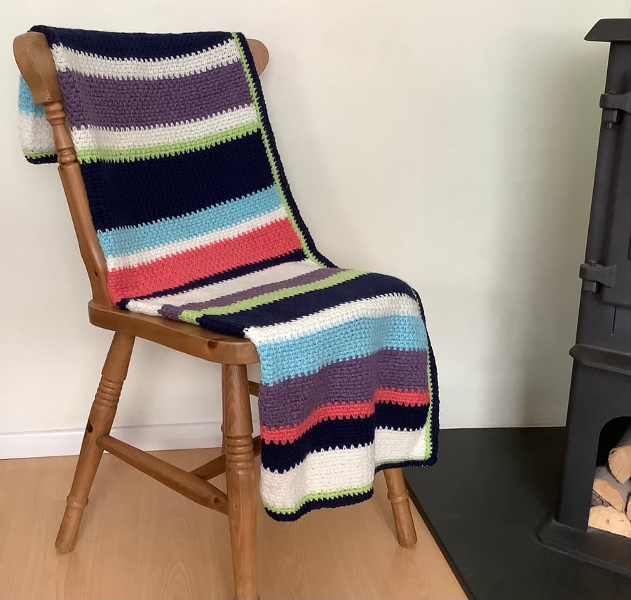 BLANKET, throw .Cot -bed, sofa . Merino blend .' Beach House' .Stripes. Crochet.