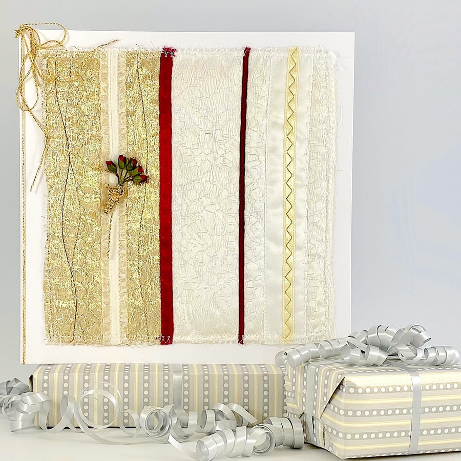 Wedding Anniversary Card - ruby, golden abstract textile, 40, 50, 40th, 50th