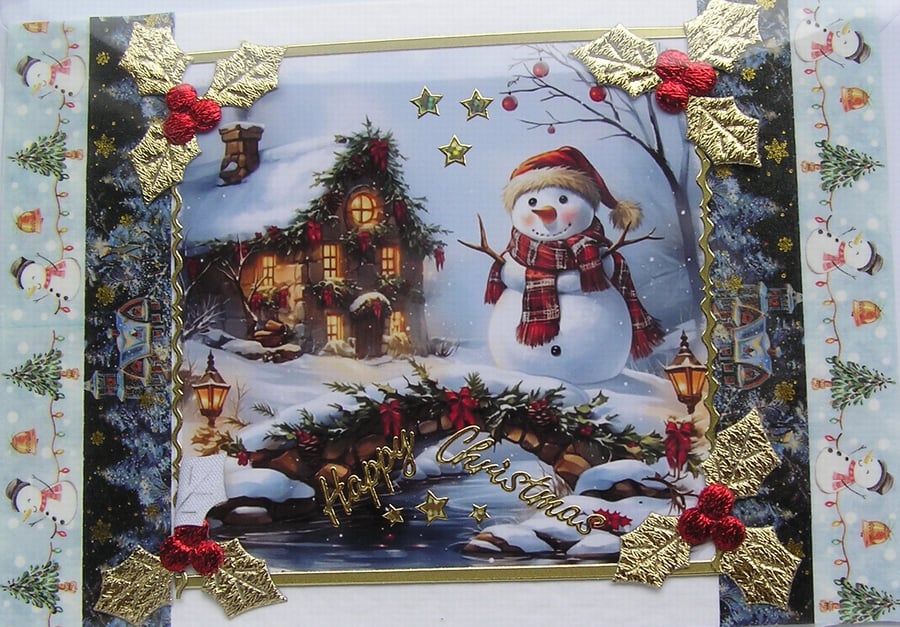 Hand Crafted Decoupage Chistmas Card - Happy Christmas (3392) Village Snowman