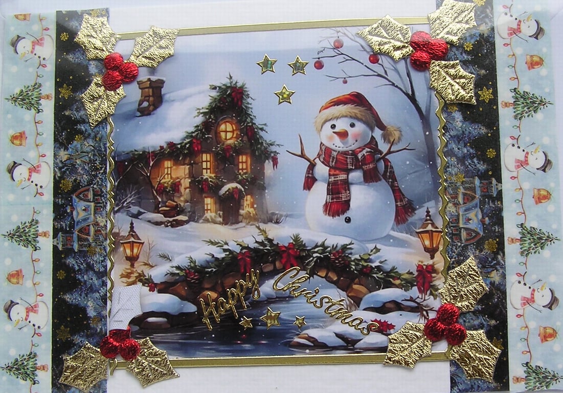 Hand Crafted Decoupage Chistmas Card - Happy Christmas (3392) Village Snowman