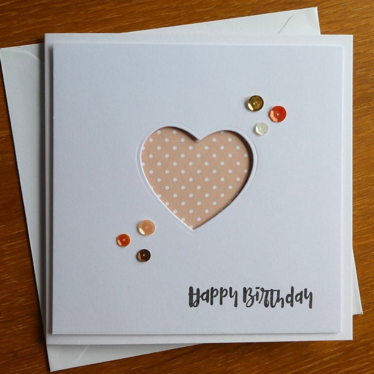 Happy Birthday Card - Soft Peach and White Polka Dot Heart Aperture
