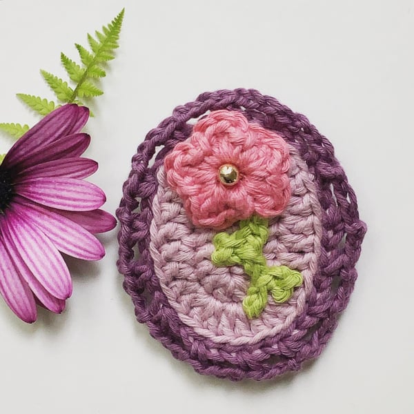 Crochet flower brooch, pink flower brooch, organic cotton brooch