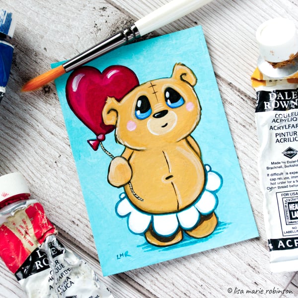 Cute Bear with Heart Balloon - Original ACEO Painting