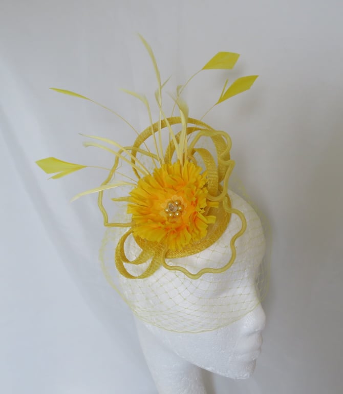 Bright Buttercup Yellow Daisy Flower & Sinamay Veiled Fascinator Wedding Hat