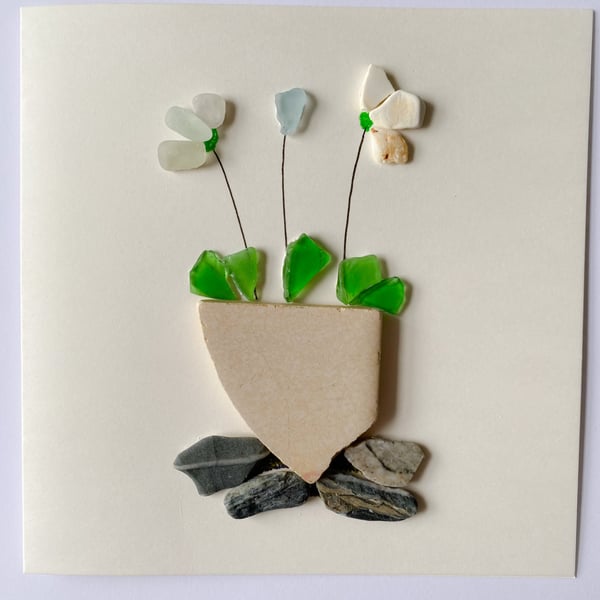 Cornwall sea glass plant pot design greeting card 