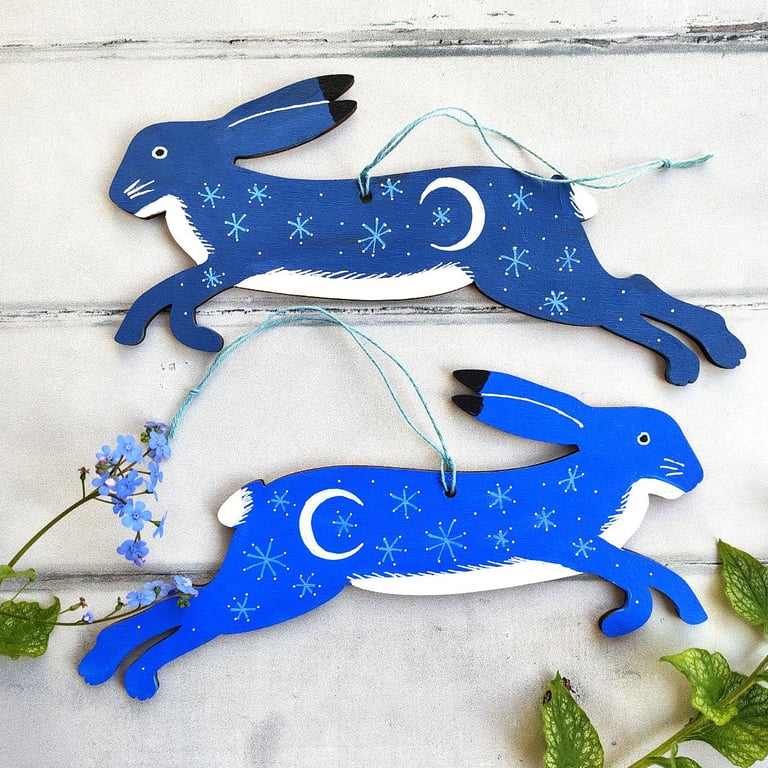 Folk art leaping hare with moon and stars hanging decoration for cottagecore dec