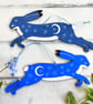 Folk art leaping hare with moon and stars hanging decoration for cottagecore dec