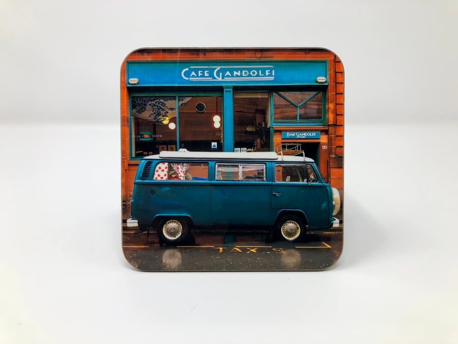 ‘Camper van at Cafe Gandolfi’ Glasgow high gloss coaster 