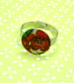 Recycled vintage tin red flower disc circle adjustable ring - Image 1