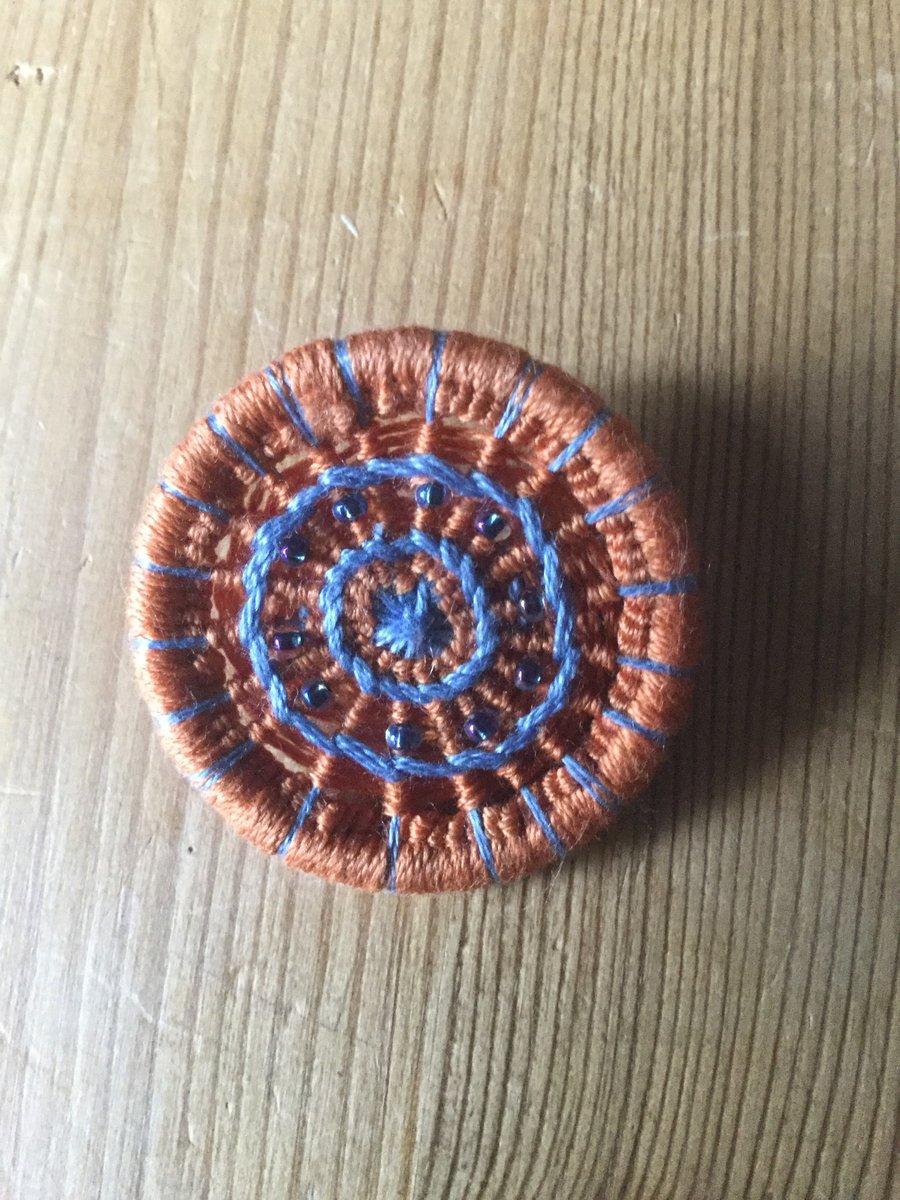 Beaded Dorset Button Brooch, Orange and Blue, B14