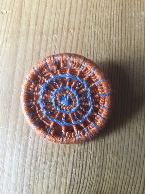 Beaded Dorset Button Brooch, Orange and Blue, B14