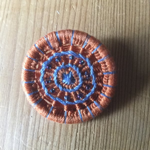 Beaded Dorset Button Brooch, Orange and Blue, B14