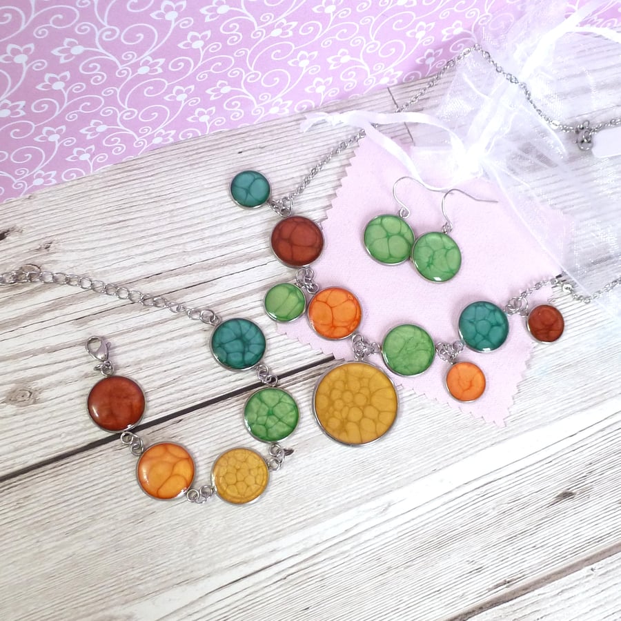 Multicoloured rainbow jewellery set, necklace, bracelet and earrings set        