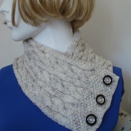 Knitted Neck Warmer Scarf Cream Aran With Three Black And Silver Buttons (R769)