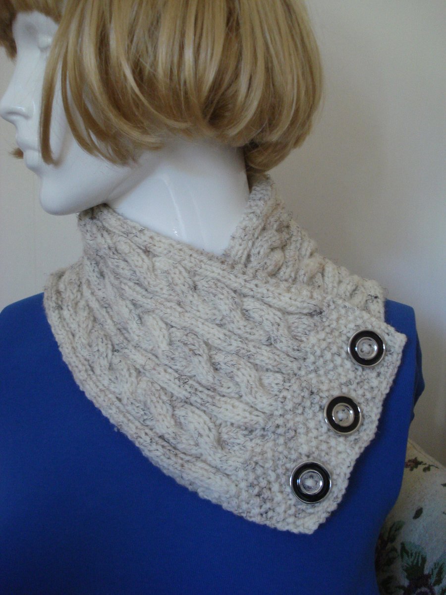 Knitted Neck Warmer Scarf Cream Aran With Three Black And Silver Buttons (R769)