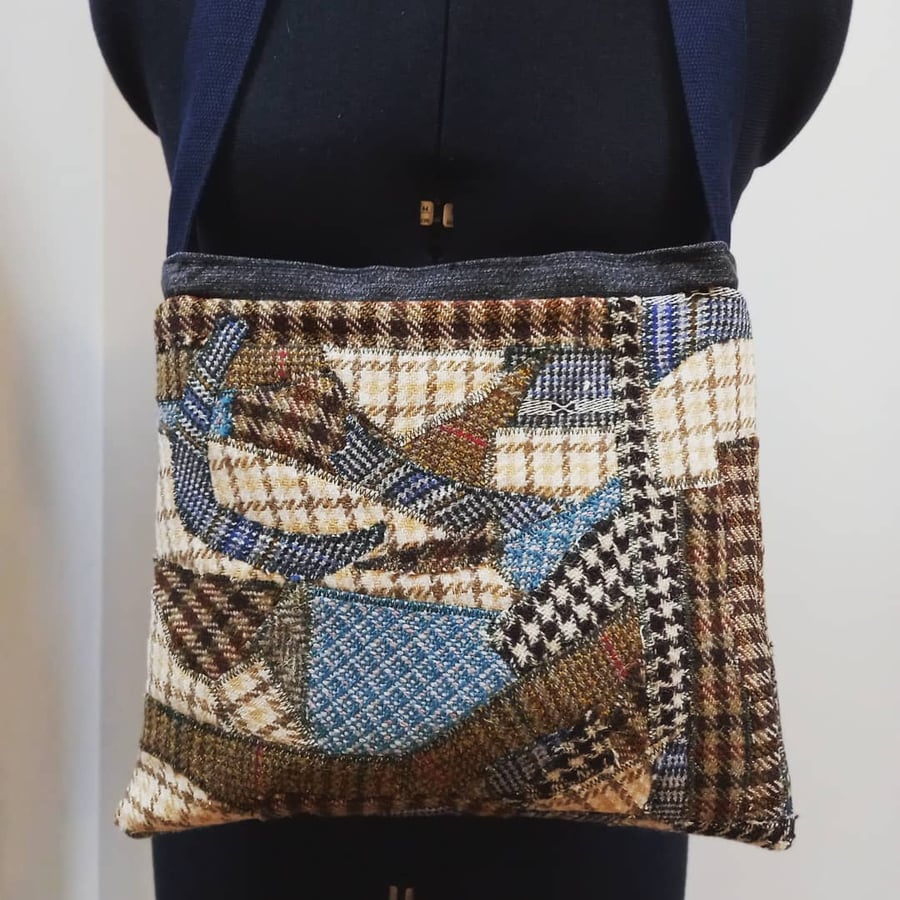 Upcycled tweed and denim cross body handbag bag 